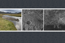 Collage of three images: Color photo of a river on Earth; black and white satellite image of a river channel near a crater on Mars; black and white image of a river system on the surface of Titan 