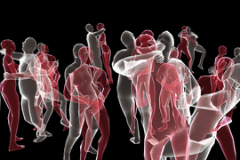 Renderings show translucent grey and red bald people dancing and interacting with each other against a black background.