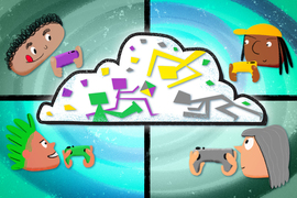 4 cartoony people, on the four corners, with a video game controller in their hand. A cloud in the middle shows their avatars fighting.