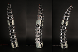 3 photos show a tentacle-like metal object made with the researchers’ kirigami-style methods. It bends left and right.