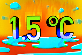 Blocky text says “1.5 °C,” and the number is sitting in a puddle of water. Fire emanates from the number against a red and orange background. Water droplets shoot out toward the viewer.