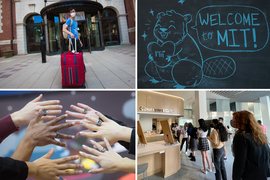 Four photos show: a student carrying luggage to their dorm; a chalk drawing of Tim saying, “Welcome to MIT!”; six hands with Brass Rat rings; and students waiting at Hayden Library’s café.