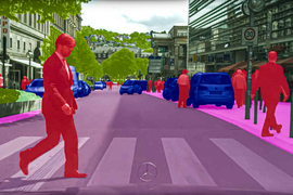 From the autonomous vehicle’s perspective in a busy city, people are colored red, cars are blue, and trees are green.