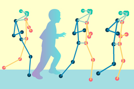 A silhouette of a child running is next to 3 stick-figure like people made of colorful lines and balls for joints.