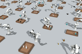 Rendering shows a grid of robot arms with a box in front of each one. Each robot arm is grabbing objects nearby, like sunglasses and plastic containers, and putting them inside a box.