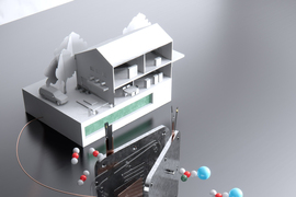 Rendering shows 3 parts as if on a grey table: a white model house on top; a fuel cell sandwiched in between two metal plates with spherical molecules floating around it; and on bottom is the electrolyzer, which looks similar to the fuel cell and has molecules floating around it.