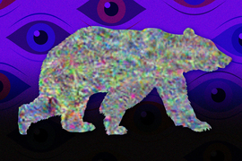 A bear silhouette is made of colorful static noise, with repeating eye pattern in background.