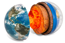 Earth split open in center showing inner structure layer-by-layer