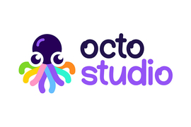 A colorful cartoon of an octopus and the lower case words 'octo' in dark letters and 'studio' in bright purple letters.