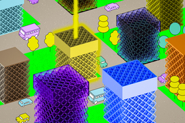 A cute cartoon cityscape has buildings made of metamaterials. The rectangular buildings are composed of intricate lattice-structures that form diamond patterns. One building has a laser beam hitting it, and it glows yellow.