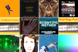 12 album covers arranged in a 4x3 grid. They feature images like a walking battery, green lasers, 4 people walking on a cross walk like The Beatles’ Abbey Road, and a man floating in a pool. Some of the titles for the songs include: Clarity in my Vision; The Pi March; If Offered a Choice; My Rocks are Missing; Scientific Method; and Paul Sings Paul.