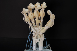 A cream-colored robotic hand sits upright against a black background. The hand consists of balloon-like structures in the fingers and rod-like structures with wires inside.