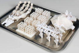 A tray contains several 3D-printed objects: a robotic hand, 8 lattice cubes, a walking robot, and a heart.