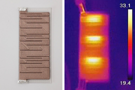 On left is a long rectangular device, and on right is the heat map of the device. It shows 3 hot sections of the device.