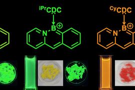 Figure shows 5 different colors: blue, teal, green, orange, and yellow. Each color shows a diagram of the molecule, a photo of the powdered material under UV light, and a vial of the colorful material.