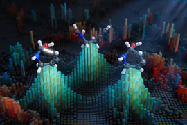 3 renderings of molecules are placed on the peaks of stylized bell curves. The 3 molecules look similar, but the left structure has a section made of glowing white pieces, alluding to a reaction.