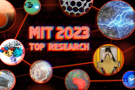 Stylized text says “MIT 2023 Top Research.” A neural network is made of red lines connecting circular photos depicting top research stories, including cement with lightning, colorful concrete, molecules, thread that lights up, and an icon that says, “AI.”