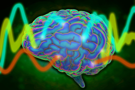 Three colorful wavy lines, representing electrical activity, pass through a stylized blue brain.