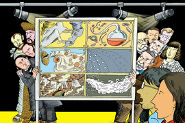 Illustration shows a group of historical scientists behind a framed artwork that shows science images like skeleton bones, beakers, a plant releasing spores, and vapors and droplets spreading. In the foreground corner, two people look in amazement.