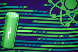 research on renewable energy technologies A battery icon is on the left and an atom icon is on the right. In between them are curved lines and dots that represent proton-coupled electron transfers.