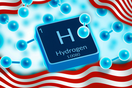 A square from the periodic table says, “1. H. Hydrogen; 1.0080” and floats above barbell-shaped hydrogen molecules. Red and white stripes of a flag frame the image.