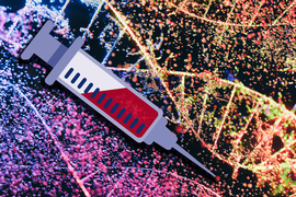 Foreground shows a syringe icon with blood. Background shows DNA strands and bubbles.
