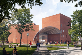 Rendering of the new MIT Music Building, which features two cubical brick buildings connected by a large arched overhang that serves as both entryway and performance space