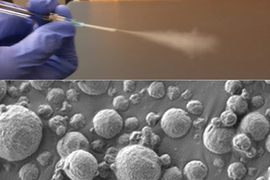 Horizontal split screen of two images: A mist over a photo of microscopic particles