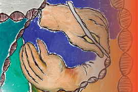 cancer mutations research paper Pastel illustration shows two hands, creating a circle, and one hand holds a pencil and draws a DNA strand. More DNA strands are around the hands.