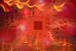 Illustration shows a red, stylized computer chip and circuit board with flames and lava around it.