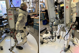 Two photos show Erik wearing the unique astronaut suit, from the side and from the back. The suit is like an open metal backpack full of wires and equipment and with legs.