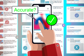 A hand holds a phone with an image displayed on the screen. A word bubble says “Accurate?” and a big green check mark is on the content. The background has blurry boxes of social media websites.