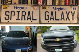 Photo collage. Photo on top shows two license plates on a book shelf,  “SPIRAL” and “GALAXY.” Car photo on bottom left has the plate, “MIT-20.” Truck on right has plate, “MITXX.”