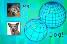2 dog photos on left, plus 2 spheres. Arrows from the dog photos point to areas on the spheres. Text says, “Dog?” and then “Dog!”