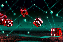 Dice fall to the ground and glowing lines connect them. The dice become nodes in a stylized machine-learning model.