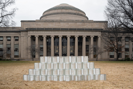 In the middle of Killian Court, a stout pyramid of the glass bricks is four layers tall, and looks about 15 feet across and four feet high.