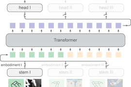 A figure shows the process from bottom to top. At bottom, the process starts with “stems,” and then go up to the “transformer” that combines them in the middle of the image. At top, the process is complete and has three labels that say “head.”