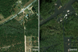 On left, a neighborhood and forest. On right, flood water fills the roads of the neighborhood.