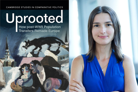 On left is the cover of the book, “Uprooted” which has a painting of a large cat eating a mouse over a village, and three distressed people. On right is a photo of Volha Charnysh.