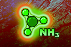 A green, glowing ammonia molecule in rock. Text says “NH3.”