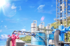A factory and a cross-section of the ground beneath it. Dynamic liquid ammonia flows in and out.