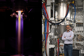 Two photos; on left is purple and yellow plasma light in a tube. On right is Saurabh Ullal standing next to large equipment.