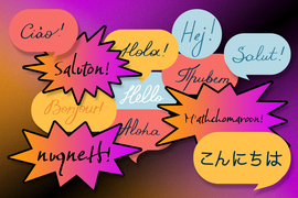 Word bubbles say greetings in different languages, including artificial ones.