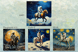 Four AI-generated images of an astronaut riding a horse