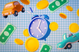Floating alarm clocks, cars, and money.