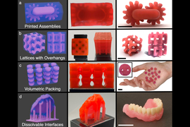 Series of four 3-D printed objects showing them with surrounding supports, and showing them with the supports gone. The images show examples of “printed assemblies; lattices with overhangs; volumetric packing; dissolvable interfaces.”