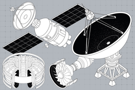 Renderings of satellites, engines, and a radar