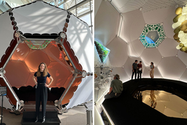 Two photos of the completed dome-like habitat, inside and outside.