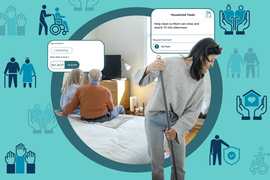 A caregiver sweeps while 2 elderly people relax, on decorative background.