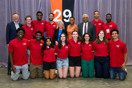 President Sally Kornbluth, Chancellor Melissa Nobles, Provost Anantha Chandrakasan, and Vice Chancellor David Darmofal pose with a group of MIT students